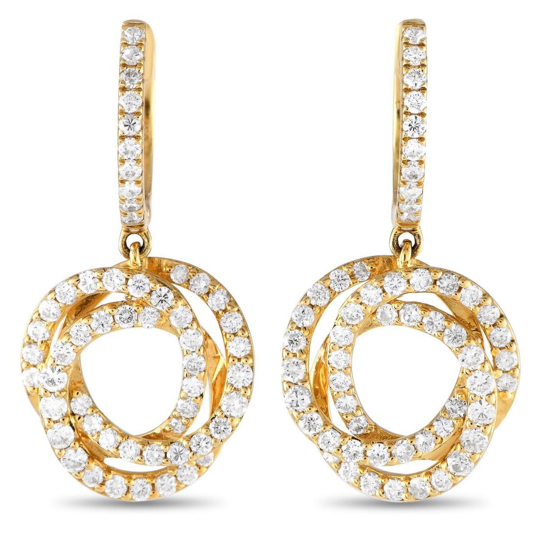 18K YELLOW GOLD 1.0CT DIAMOND DROP EARRINGS: Interlocking circular accents make these earrings incredibly captivating. Sparkling diamonds with a total weight of 1.0 carats contrast beautifully against the lustrous 18K yellow gold settings. Each 