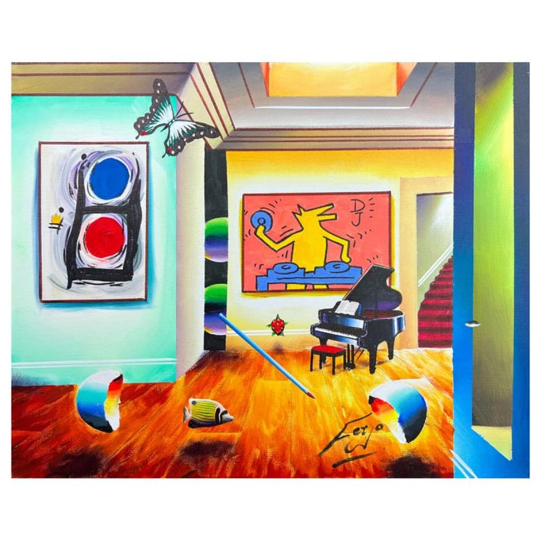 Ferjo, "DJ Haring Plays for Miro" Hand Signed Original Painting on Canvas with Letter of: DJ Haring Plays for Miro is an original painting, oil on stretched canvas, by Ferjo. Hand signed by the artist, this piece comes with a letter of authenticity. Measures approximately 20" x 24" (image)