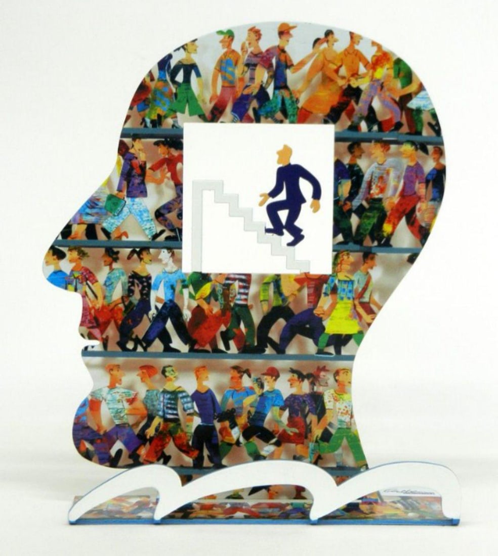 David Gerstein- Free Standing Sculpture "Head to the top": Artist: David Gerstein. Medium: Free Standing Sculpture. Title: Head to the top. Size: 7.9" x 6.7". Signature: Signed by the artist. Certificate of Authenticity: Is included. Additional: This piece is