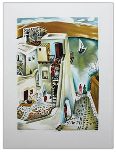Nachum Gutman- Original Lithograph "Upstairs": Artist: Nachum Gutman. Medium: Original Lithograph. Title: Upstairs. Size: 25" x 20". Signature: Hand Signed and Numbered by the Artist. Certificate of Authenticity: Is Included. Reference#: 21268.