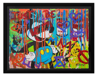 Nastya Rovenskaya- Original Mixed Media on Paper "MiKaws": Artist: Nastya Rovenskaya. Medium: Original Mixed Media on Paper. Title: MiKaws. Size: 30" x 40". Measures approx. 36" x 46" (framed). Signature: Hand Signed by the artist. Certificate of Authenticity