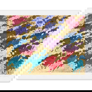 Guillaume Azoulay- Gold Leaf Silkscreen "Quinze Chevaux": Artist: Guillaume Azoulay. Medium: Gold Leaf Silkscreen. Title: Quinze Chevaux. Size: 37" x 45". Signature: Hand Signed and Numbered. Reference#: 74610.