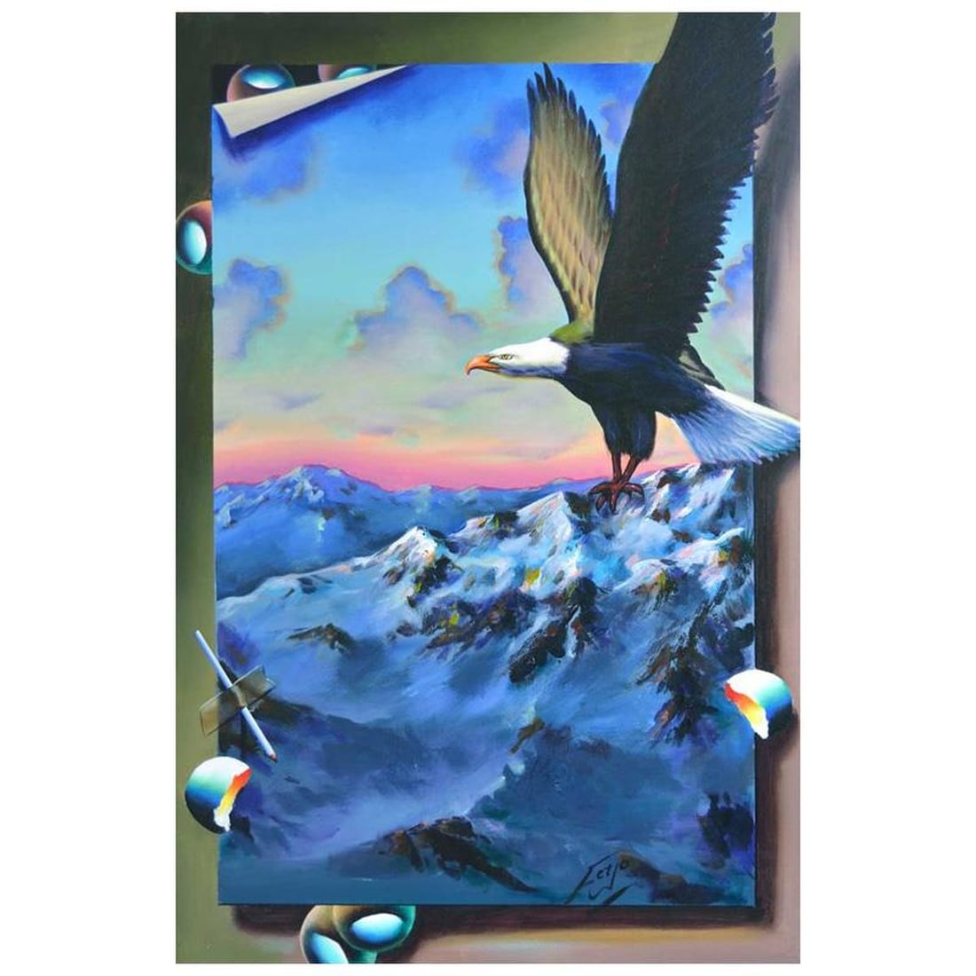 Ferjo, "Majestic Flight" Original Painting on Canvas, Hand Signed with Letter of Authenticity.: Majestic Flight is an original painting, oil on stretched canvas, by Ferjo. Hand signed by the artist, this piece comes with a letter of authenticity. Measures approx. 36" x 24" (image). Reference#: 8