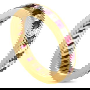 TIFFANY & CO. 18K YELLOW GOLD DIAMOND AND 1.94CT RUBY ETERNITY BAND RING: Exuding Art Deco glamour, this Tiffany & Co. yellow gold ring showcases a seamless circle of diamonds and rubies in caliber cut. The precise cutting technique allowed the gemstones to fit together wit
