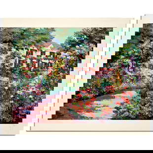 Mark King (1931-2014), "Roses At Giverny" Hand Signed Limited Edition Serigraph with Letter of: Roses At Giverny is a limited edition serigraph on paper by Mark King (1931-2014). Hand signed and numbered, this piece comes with a letter of authenticity and measures approximately 31" x 41" (image)