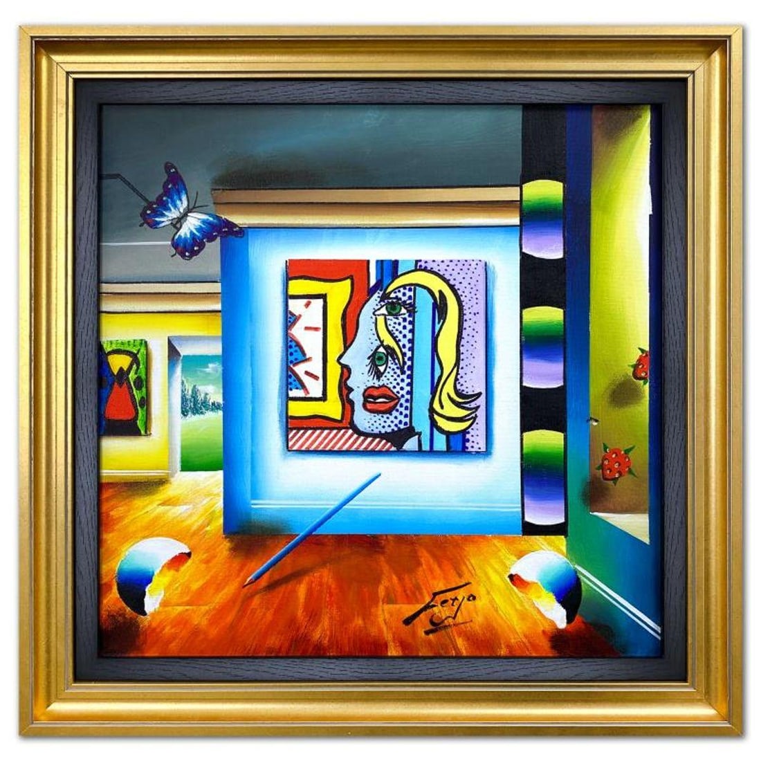 Ferjo, Framed Original Oil Painting on Canvas, Hand Signed with Letter of Authenticity: This is an original oil painting on canvas by Ferjo, hand signed by the artist. This piece comes custom framed. Includes Letter of Authenticity. Measures approx. 24.5" x 24.5" (frame), 19.5" x 19.5" (