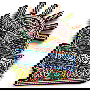 Rick Wolfryd- Color Beaded 3D Sculpture Huichol Light Box "In Hamburger We Trust Fiber Optic": Artist: Rick Wolfryd. Medium: Color Beaded 3D Sculpture Huichol Light Box. Title: In Hamburger We Trust Fiber Optic. Size: 22" x 24". Signature: Signed CHROMA aka Rick Wolfryd. Certificate of Authenti