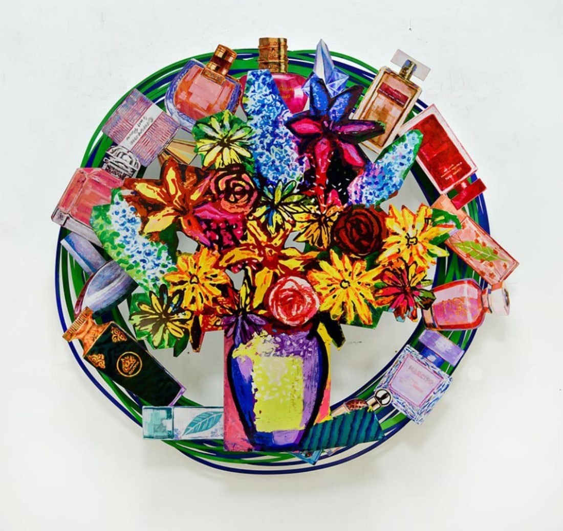 David Gerstein- Mixed Media Cutout Aluminum "Aromatic Bouquet": Artist: David Gerstein. Medium: Mixed Media Cutout Aluminum. Title: Aromatic Bouquet. Size: 45" x 43". Signature: Signed and numbered. Certificate of Authenticity: Is included. Additional: Edition of