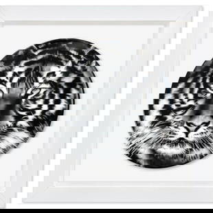 Robert Longo, "Tiger" Framed Limoges Porcelain Plate.: Tiger is a Limoges porcelain by Robert Longo. This plate is custom framed and floated on linen. Measures approx. 16" x 16" (frame), 11" (plate diameter). This item requires special handling and may ha