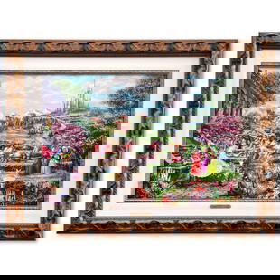 Thomas Kinkade- Hand Embellished Giclee on Canvas "Cinderella Happily Ever After": Artist: Thomas Kinkade. Medium: Hand Embellished Giclee on Canvas. Title: Cinderella Happily Ever After. Size: 17" x 26". Measures approx. 27" x 36" (framed). Signature: Hand signed and numbered. Cert