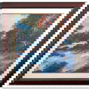 Michael Schofield- Original Oil on Canvas "Blue Ridge Winter": Artist: Michael Schofield. Medium: Original Oil on Canvas. Title: Blue Ridge Winter. Size: 35" x 35". Measures approx. 48" x 48" (framed). Signature: Hand Signed. Additional: Visible damages to the fr