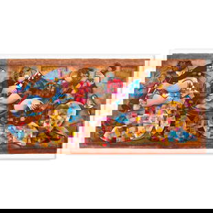 Dorit Levy- Serigraph "Ethnic Music Players": Artist: Dorit Levy. Medium: Serigraph. Title: Ethnic Music Players. Size: 19" x 41". Signature: Hand signed and numbered. Reference#: 74798.