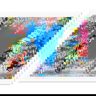 Mr. Brainwash, "Juxtapose" Framed Mixed Media Original, Hand Signed with Certificate of: Juxtapose is a mixed media original on deckle edge paper by Mr. Brainwash, hand signed inverso and bearing the thumbprint of the artist. This piece comes custom framed. Includes Certificate of Authent