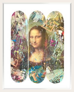 E.M. Zax- 1/1 mixed media collage and paints  on 3X wood Skatboard decks: Artist: E.M. Zax. Medium: 1/1 mixed media collage and paints on 3X wood Skatboard decks. Size: 28" x 38". Signature: Hand Signed. Reference#: 81750.
