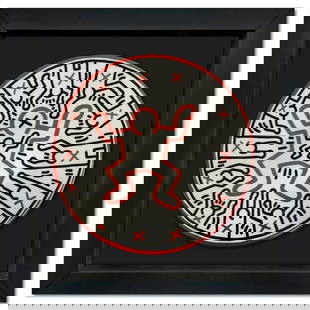 Keith Haring (1958-1990), "Enfant" Framed Limoges Porcelain Plate.: Enfant is a Limoges porcelain plate bearing the plate signature inverso of Keith Haring (1958-1990). This plate is custom framed and floated on linen. Measures approx. 13.5" x 13.5" (frame), 8.5" (pla