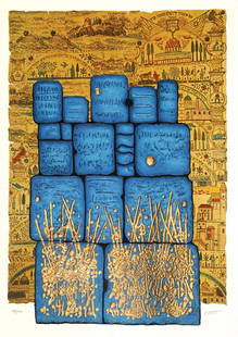 Moshe Castel- Gold Embossed Serigraph "Hakotel": Artist: Moshe Castel. Medium: Gold Embossed Serigraph. Title: Hakotel. Size: 27.5" x 19.5". Signature: Signed on plate. Certificate of Authenticity: From the publisher. Reference#: 21121.