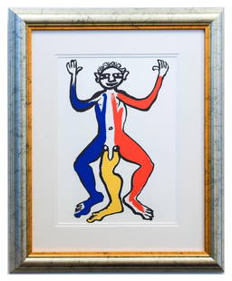 Alexander Calder- Lithograph "DLM212 - Un patriote": Artist: Alexander Calder. Medium: Lithograph. Title: DLM212 - Un patriote. Size: 15" x 11". Measures approx. 23.5" x 19" (framed). Certificate of Authenticity: Is included. Additional: Year : 1975. Re
