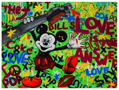 Nastya Rovenskaya- Mixed Media "Mickey Mouse In Love": Artist: Nastya Rovenskaya. Medium: Mixed Media. Title: Mickey Mouse In Love. Size: 30" x 40". Signature: Hand Signed by the artist. Certificate of Authenticity: From the publisher. Reference#: 19097.