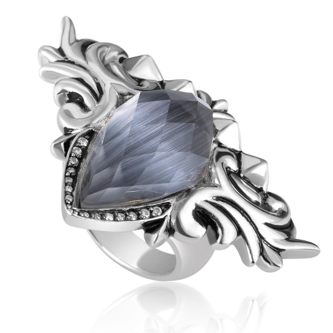 STEPHEN WEBSTER BAROQUE SUPERSTUD WOMENS STERLING SILVER DIAMOND AND GEMSTONE RING: A quintessential piece from the highly revered Superstud collection, this outstanding ring offers a splendidly fashionable look. The ring is designed by Stephen Webster, and it is made of wonderfully
