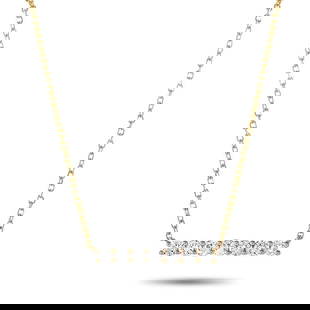 14K YELLOW GOLD 0.25CT DIAMOND NECKLACE: This necklace is crafted from 14K yellow gold and weighs 1.4 grams. It is presented with a 15 chain and boasts a pendant that measures 0.13 in length and 0.50 in width. The necklace is set with diamon