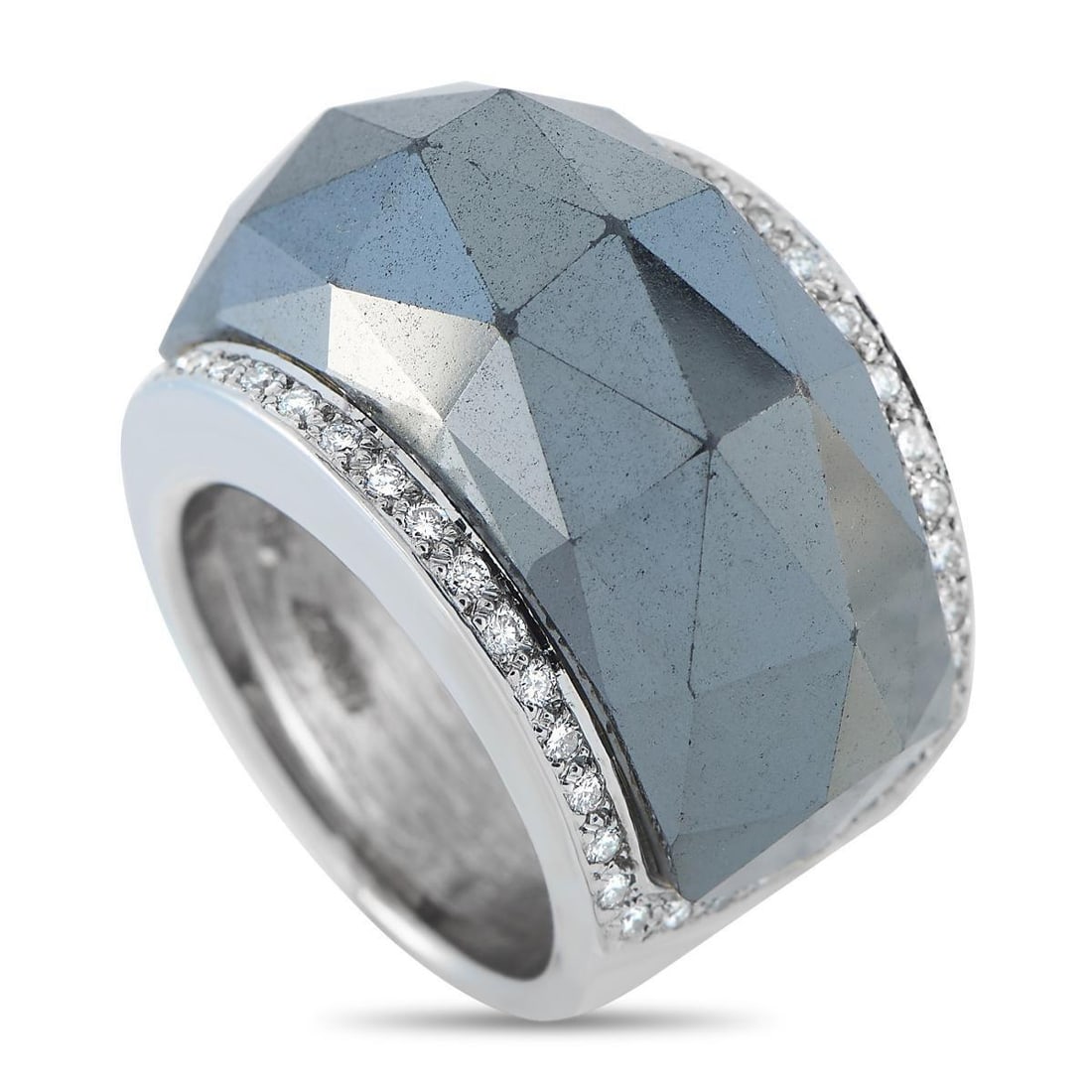 STEPHEN WEBSTER 18K WHITE GOLD 0.55CT DIAMOND AND HEMATITE RING: A geometric design makes this Stephen Webster ring impossible to ignore. Inset Diamond accents totaling 0.55 carats elevate the 18K White Gold setting, while a striking Hematite stone at the center ad