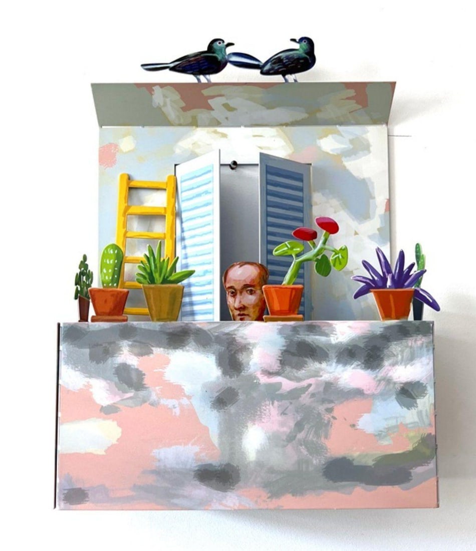 David Gerstein- Print on Steel "BALCONY WITH MAN": Artist: David Gerstein. Medium: Print on Steel. Title: BALCONY WITH MAN. Signature: Signed by the artist. Certificate of Authenticity: Is included. Additional: Size: W:9.8" x H:13.3" x D:4" . print on