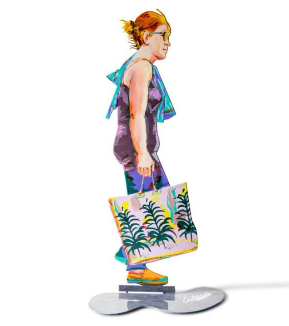 David Gerstein- Free Standing Sculpture "WALKER WITH SHOPPING BAG": Artist: David Gerstein. Medium: Free Standing Sculpture. Title: WALKER WITH SHOPPING BAG. Size: 16.3" x 6.3". Signature: Signed. Certificate of Authenticity: Is included. Additional: This piece is fre