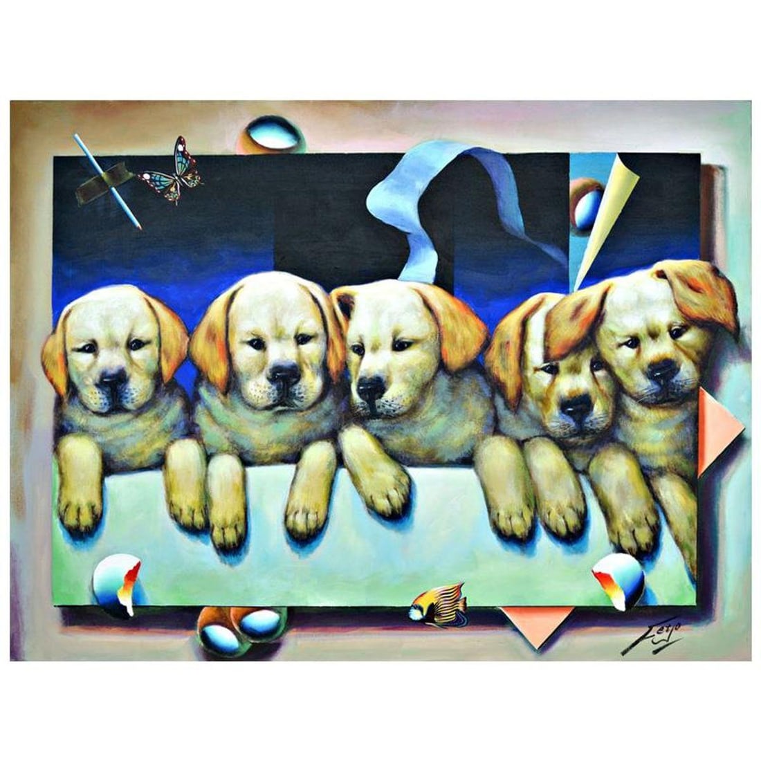 Ferjo, "Puppy Love" Original Painting on Canvas, Hand Signed with Letter of Authenticity.: Puppy Love is an original painting, oil on stretched canvas, by Ferjo. Hand signed by the artist, this piece comes with a letter of authenticity. Measures approx. 30" x 40" (image). Reference#: 88739.