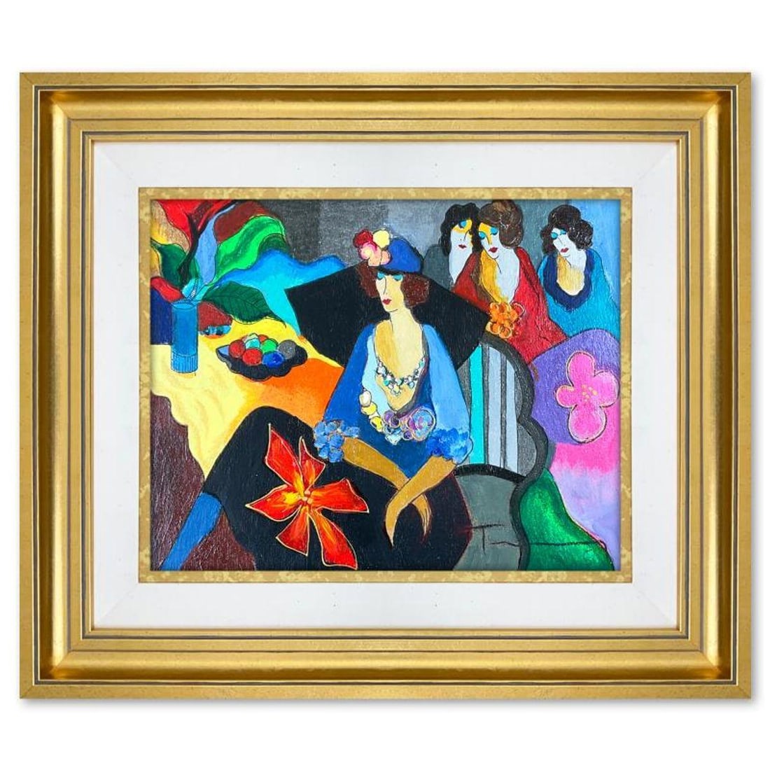 Itzchak Tarkay (1935-2012), "Gossip" Framed One-of-a-Kind Mixed Media Over Paint on Wood, Hand (1 of 2)