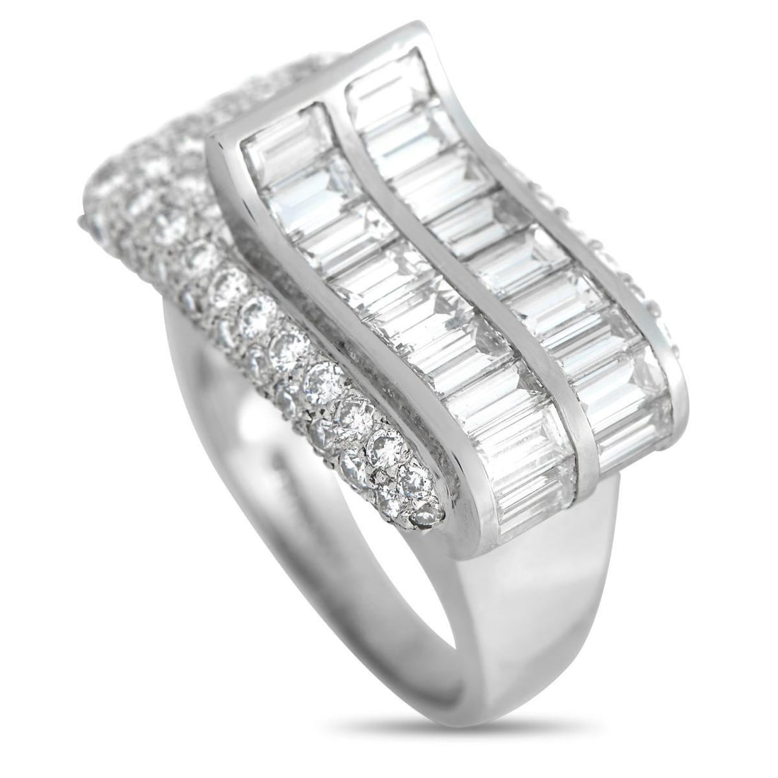 CHARLES KRYPELL PLATINUM 4.50CT DIAMOND RING: A captivating sparkler from New York-based fine jewelry designer, Charles Krypell. This platinum ring showcases an architectural flair with its thick band topped with a bed of diamonds. The sculptural