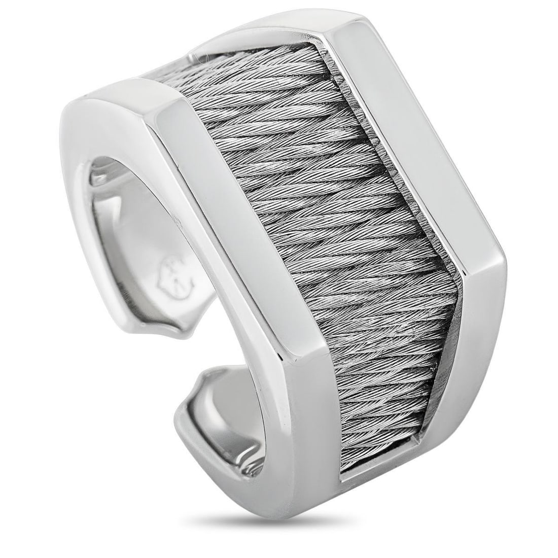 CHARRIOL FOREVER STAINLESS STEEL RING: The Charriol Forever ring is crafted from stainless steel and weighs 14.8 grams. The ring boasts band thickness of 6 mm and top height of 5 mm, while top dimensions measure 25 by 14 mm.This item is of