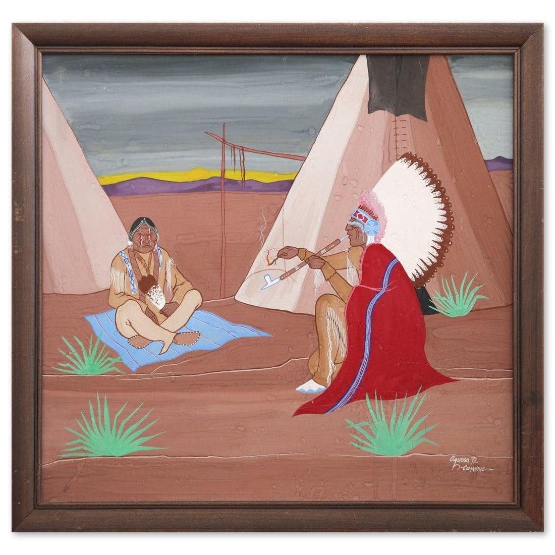 Unknown- Original on Board "Indian Smoking Peace Pipe" (1 of 2)