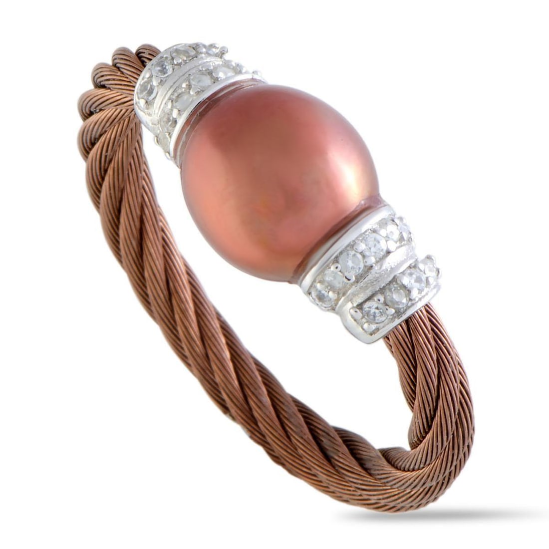 CHARRIOL PEARL STAINLESS STEEL BRONZE PVD BROWN PEARL AND WHITE CUBIC ZIRCONIA CABLE RING: The dazzling white cubic zirconia give a compelling touch of prestigious luster to this exceptional Pearl ring from Charriol that offers a splendidly classy appearance. The ring is crafted from partia