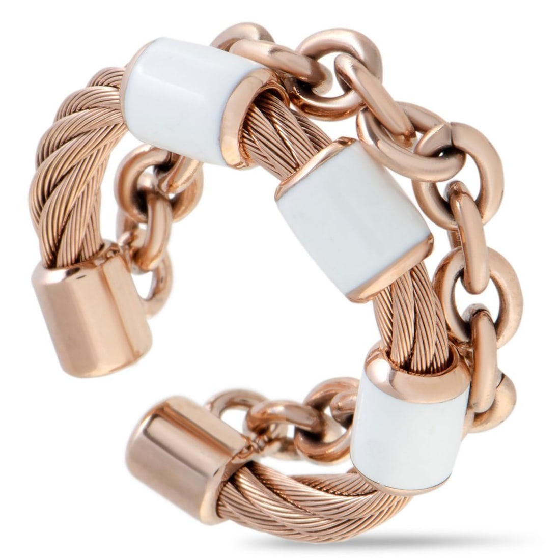 CHARRIOL ST. TROPEZ STAINLESS STEEL AND PINK PVD WHITE ENAMEL CABLE AND CHAIN BAND RING: At the same time attractively offbeat and splendidly feminine, this fabulous St. Tropez ring from Charriol will add a subtle touch of refined prestige to any outfit of yours. The ring is made of pink