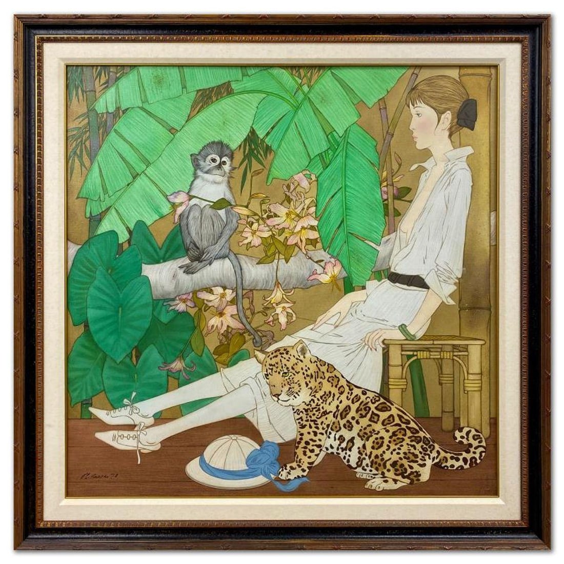 Philippe Noyer (1917-1985), "Woman with Leopard and Monkey" Framed Original Oil Painting on Canvas, (1 of 2)