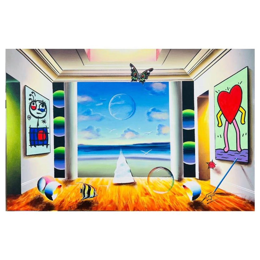 Ferjo, "Miro Loves Haring on the Bay" Hand Signed Original Painting on Canvas with Letter of: Miro Loves Haring on the Bay is an original painting, oil on stretched canvas, by Ferjo. Hand signed by the artist, this piece comes with a letter of authenticity. Measures approximately 24" x 36" (im