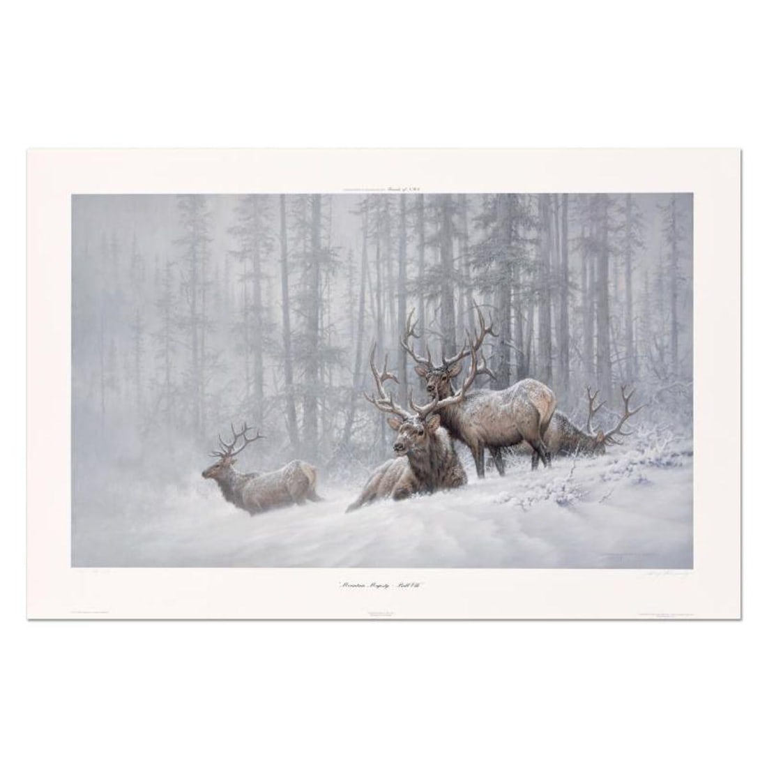 Larry Fanning (1938-2014), "Mountain Majesty (Bull Elk, NRA Edition)" Hand Signed Limited Edition: Mountain Majesty is a limited NRA edition lithograph on paper by Larry Fanning (1938-2014). Numbered and hand signed, the piece comes with a letter of authenticity. Measures approximately 32.5" x 19.5