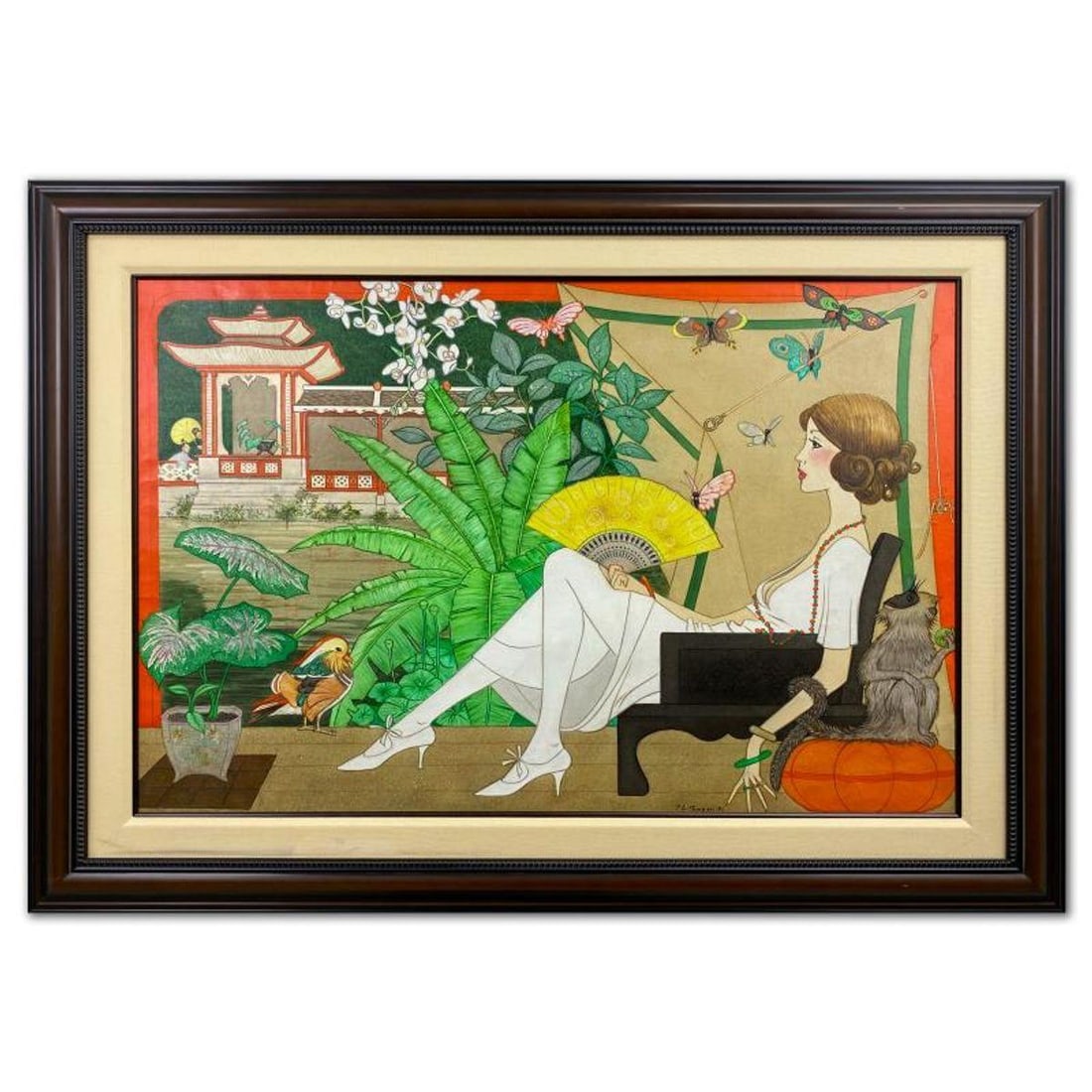 Philippe Noyer (1917-1985), "Reclining Woman with Fan" Framed Original Oil Painting on Canvas, Dated (1 of 2)