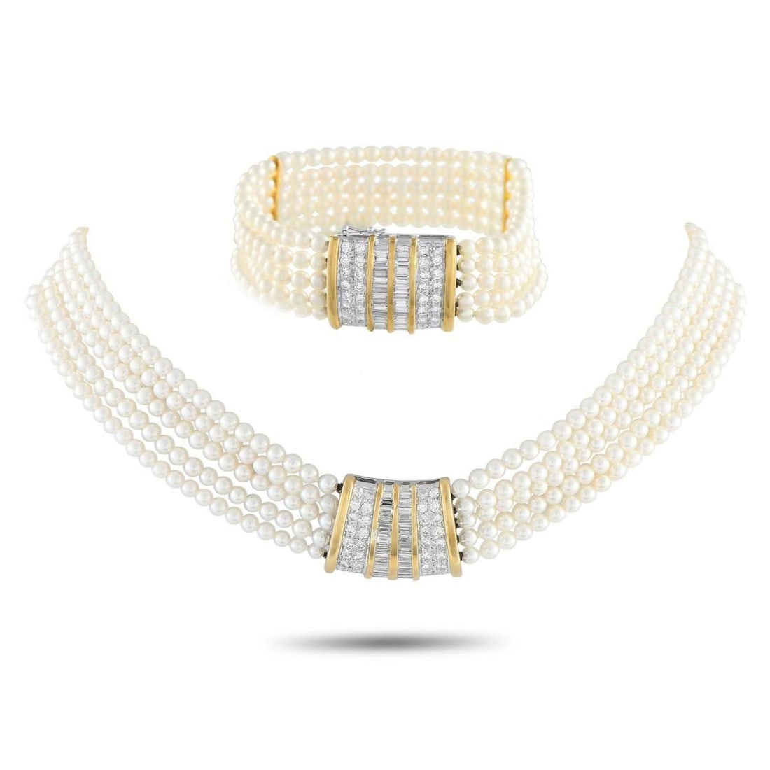 18K YELLOW GOLD 5.08CT DIAMOND AND PEARLS BRACELET AND NECKLACE SET (1 of 6)