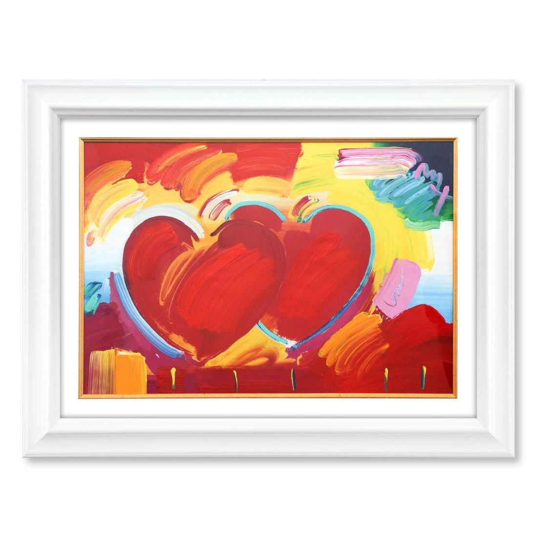 Peter Max- Original Mixed Media "Two Hearts as One": Artist: Peter Max. Medium: Original Mixed Media. Title: Two Hearts as One. Size: 24" x 36". Measures approx. 35" x 47" (framed). Signature: Hand signed. Certificate of Authenticity: Is included. Refer