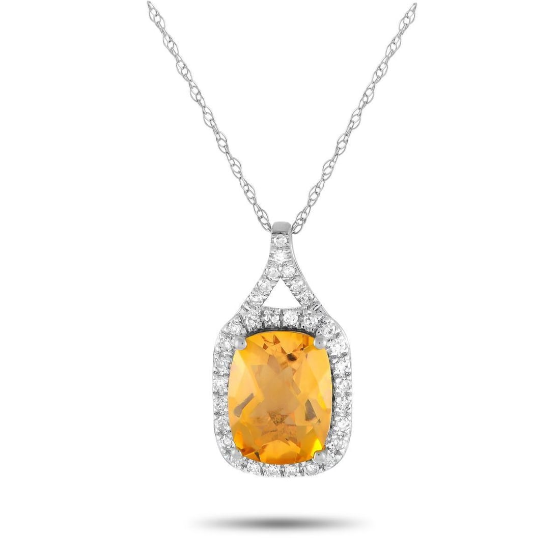 14K WHITE GOLD 0.13CT DIAMOND AND CITRINE PENDANT NECKLACE: Add a pop of color to any ensemble with this stunning luxury necklace. Suspended from an 18 chain, youll find an eye-catching 14K white gold pendant measuring 0.75 long by 0.45 wide. At the center, a