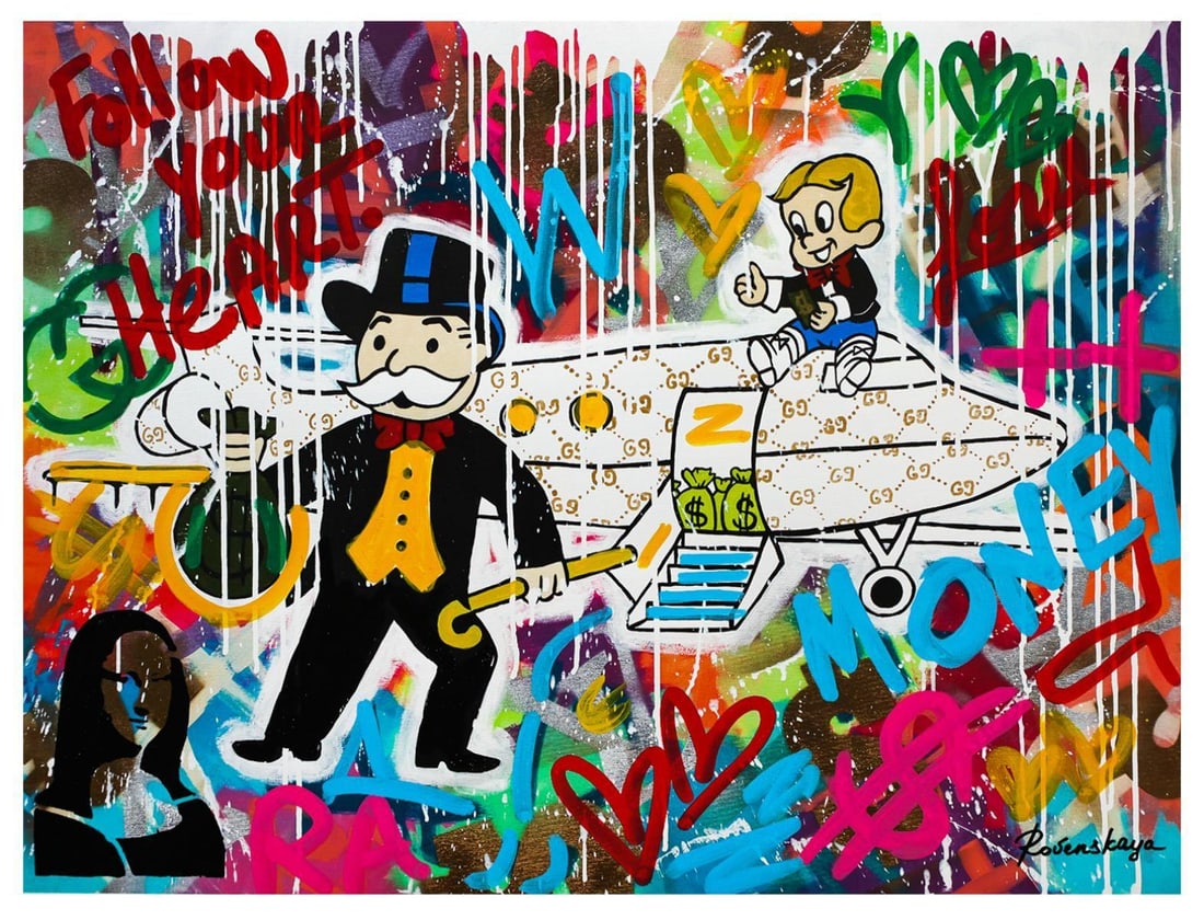 Nastya Rovenskaya- Mixed Media "Money and Jr.": Artist: Nastya Rovenskaya. Medium: Mixed Media. Title: Money and Jr.. Size: 30" x 40". Signature: Hand Signed by the artist. Certificate of Authenticity: From the publisher. Reference#: 20481.