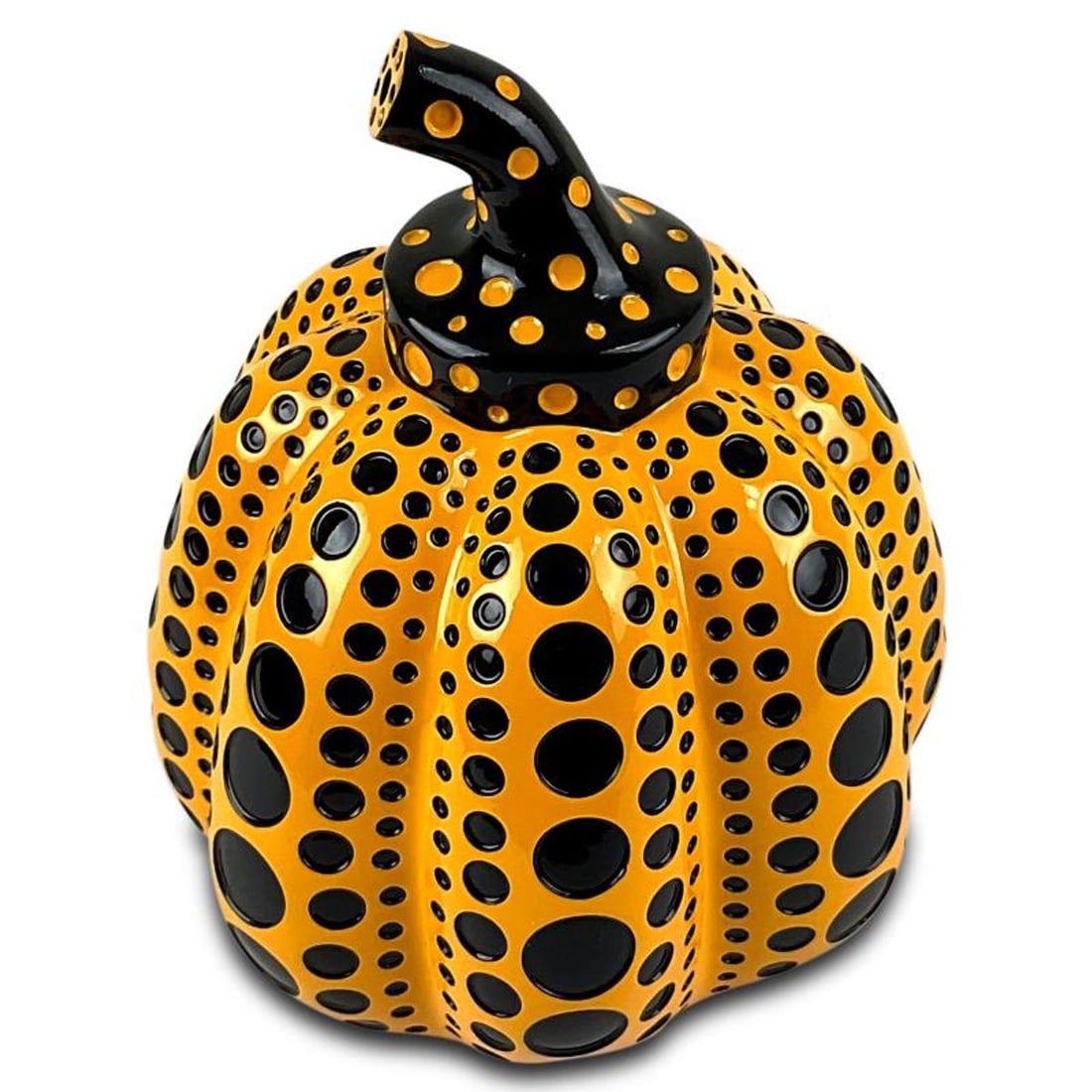 Yayoi Kusama, Lacquer-Painted Resin Pumpkin Sculpture (Yellow) with Letter of Authenticity.: This is a lacquer-painted resin pumpkin sculpture (yellow) by Yayoi Kusama. This piece is new in the original box. Includes Letter of Authenticity. Measures approx. 3" x 4.5" x 4.5". Reference#: 91335