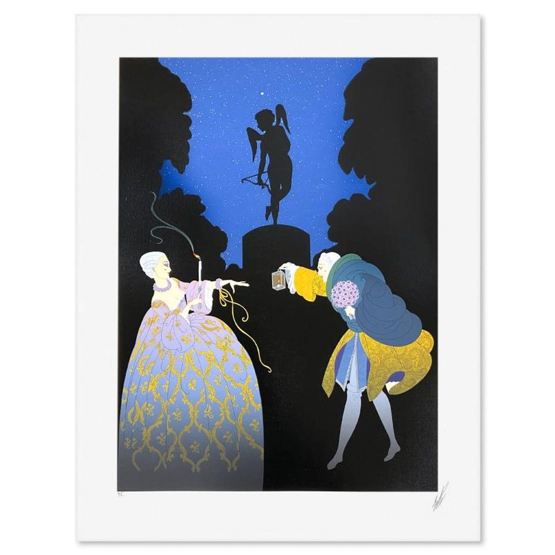 Erte (1892-1990), "Rendezvous" Limited Edition Serigraph from an HC Edition, Hand Signed with Letter: Rendezvous is a limited edition serigraph from an HC edition on paper by Erte (1892-1990), hand signed by the artist. Includes Letter of Authenticity. Measures approx. 30" x 23" (border), 24.5" x 18"