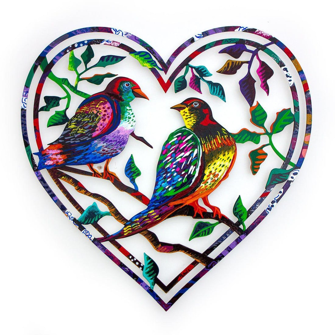 Patricia Govezensky- Original Painting on Laser Cut Steel "Love Birds": Artist: Patricia Govezensky. Medium: Original Painting on Laser Cut Steel. Title: Love Birds. Size: 16" x 16". Signature: Hand Signed by the artist. Certificate of Authenticity: From the publisher. Re