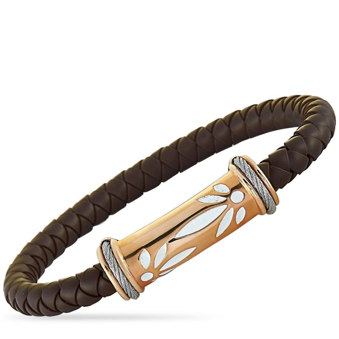 CHARRIOL STAINLESS STEEL ROSE PVD BROWN RUBBER BANGLE BRACELET SIZE SMALL: This Charriol bracelet is made out of rose PVD-plated stainless steel and brown rubber. The bracelet weighs 19.4 grams and measures 6.25 in length.Offered in brand new condition, this item includes th