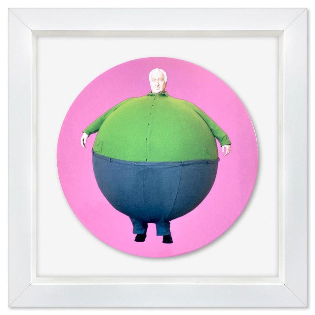 Erwin Wurm, "The Artist Who Swallowed the World" Framed Limoges Porcelain Plate.: "The Artist Who Swallowed the World" is a Limoges porcelain plate by Erwin Wurm. This plate is custom framed and floated on linen. Measures approx. 16" x 16" (frame), 11" (plate diameter). This item r