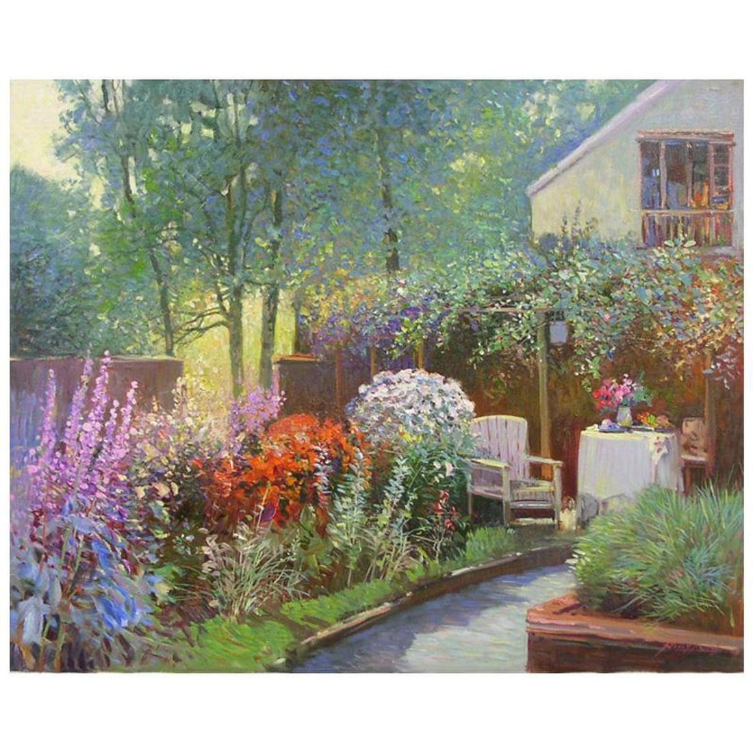 Ming Feng, "Afternoon in the Garden" Original Oil Painting on Canvas, Hand Signed with Letter of: Afternoon in the Garden is an original oil painting on stretched canvas by Ming Feng, hand signed by the artist. Includes Letter of Authenticity. Measures approx. 30" x 24" (image).