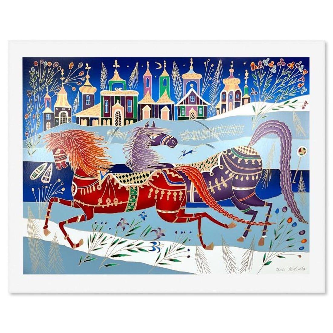 Yuri Gorbachev, "Winter in Borovici" Hand Signed Serigraph with Letter of Authenticity: Winter in Borovici is a serigraph on paper by Yuri Gorbachev, hand signed by the artist. This piece is not numbered. Includes Letter of Authenticity. Measures approx. 34.5" x 44" (border), 30" x 40" (