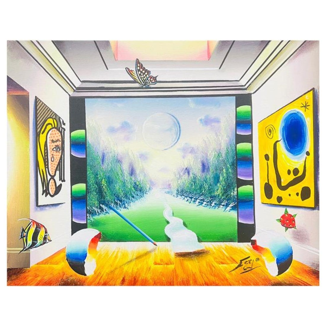 Ferjo, "Pathway to Lichtenstein and Miro" Hand Signed Original Painting on Canvas with Letter of: Pathway to Lichtenstein and Miro is an original painting, oil on stretched canvas, by Ferjo. Hand signed by the artist, this piece comes with a letter of authenticity. Measures approximately 16" x 20"